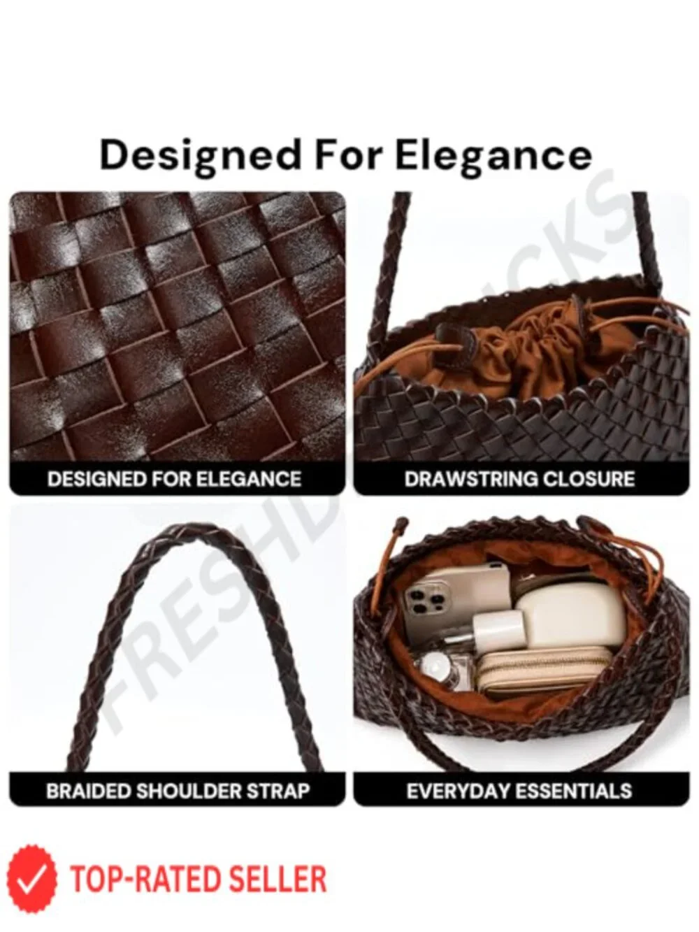 Vegan Leather Woven Hobo Shoulder Bag Drawstring Pouch Purse